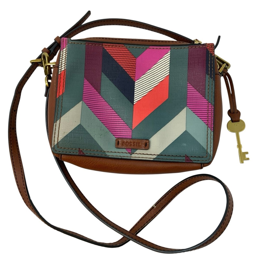 Fossil Crossbody Leather Trim Coated Canvas Chevron Campbell Purse Organize